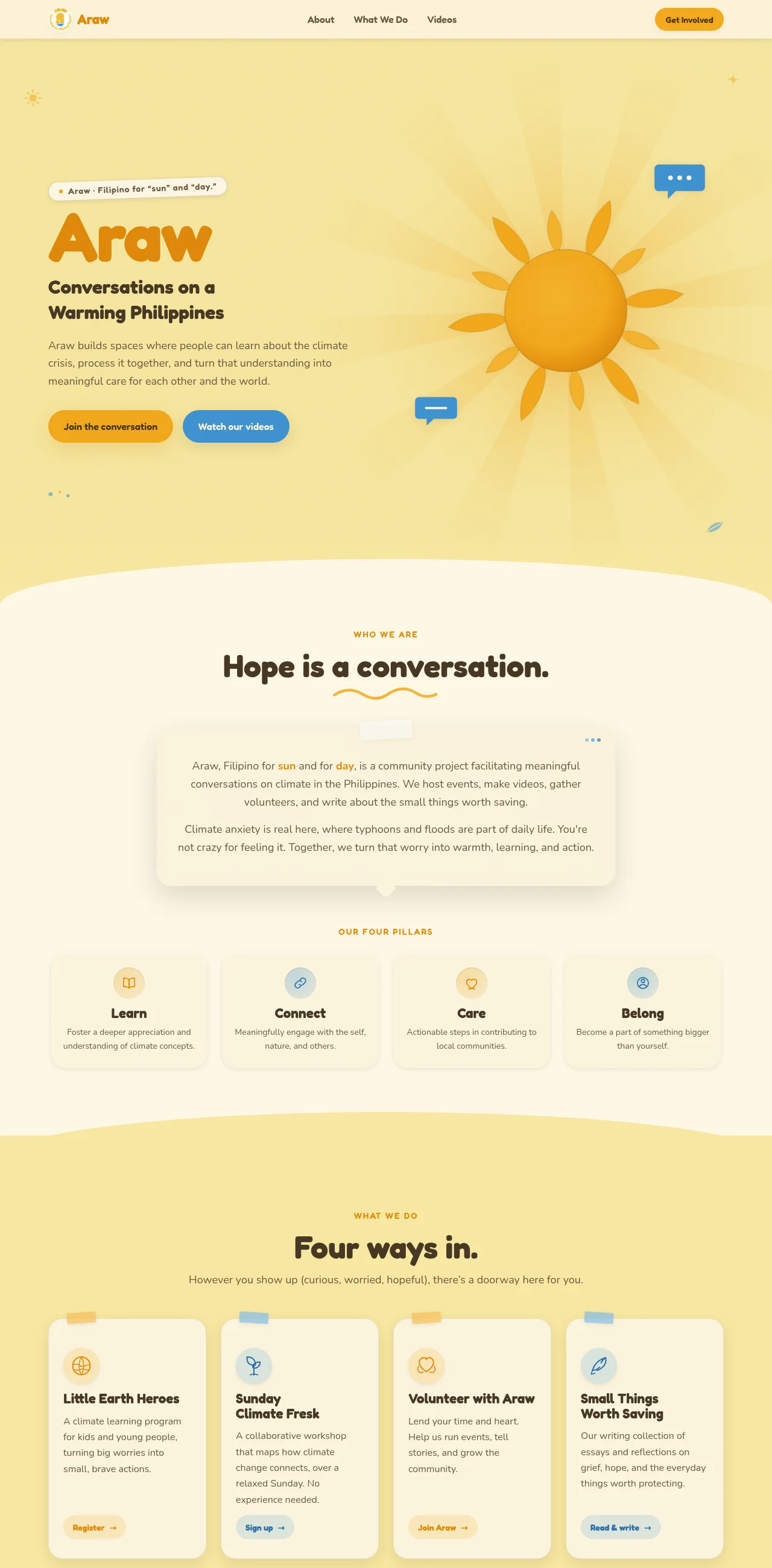 Araw: a warm yellow climate-conversation site with an illustrated sun, four pillar cards and a featured video.