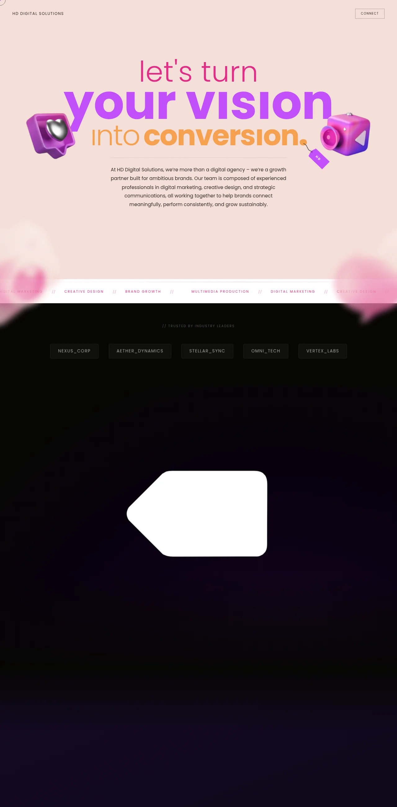 HD Digital Solutions: a blush-pink hero reading “let’s turn your vision into conversion”, over a near-black scrolling section with 3D props and performance figures.